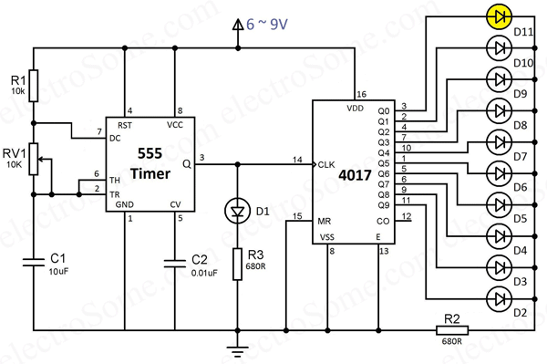 Mạch LED Chaser sử dụng NE555 và CD4017