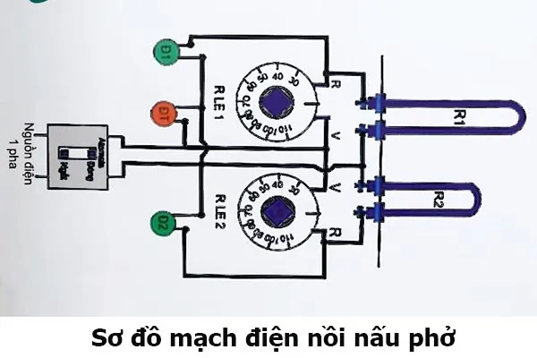 Sơ đồ chi tiết mạch điện nồi nấu phở 1 pha bao gồm aptomat, SSR, chiết áp và thanh điện trở